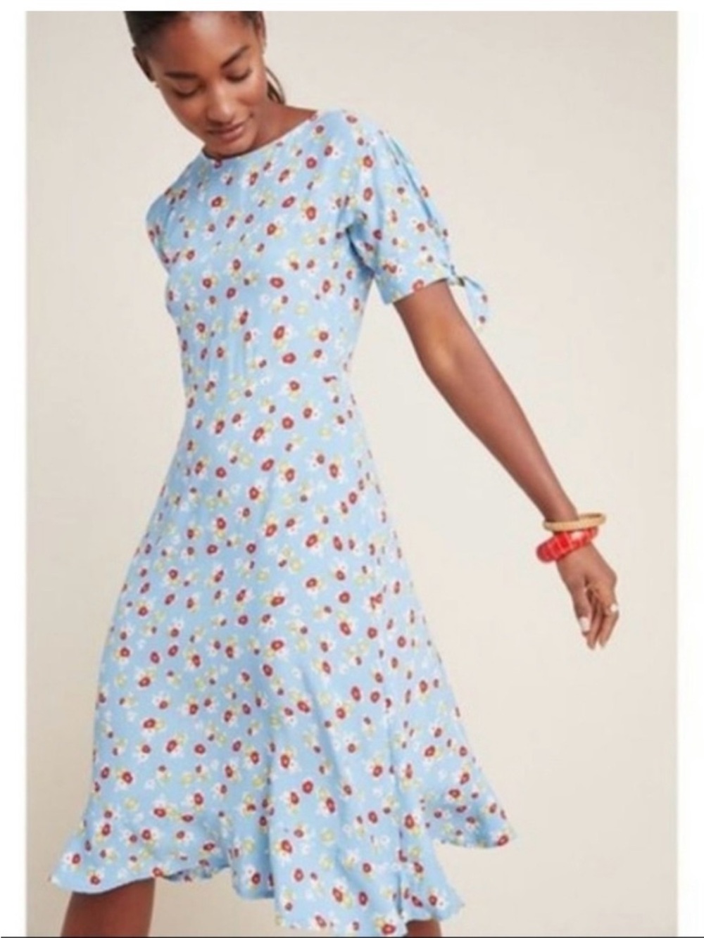 Faithfull the Brand Light Blue Floral Midi Dress with Red and Yellow Flowers